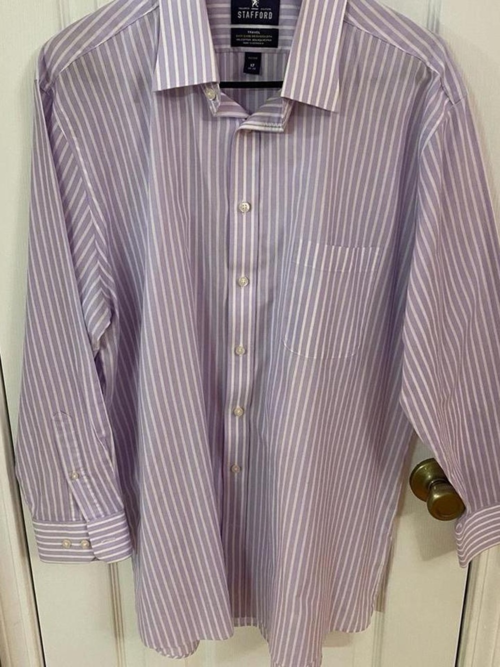 Stafford Men’s Purple White Striped Dress Shirt Size 17 32/33 Fitted‎ Easy Care - Picture 2 of 7
